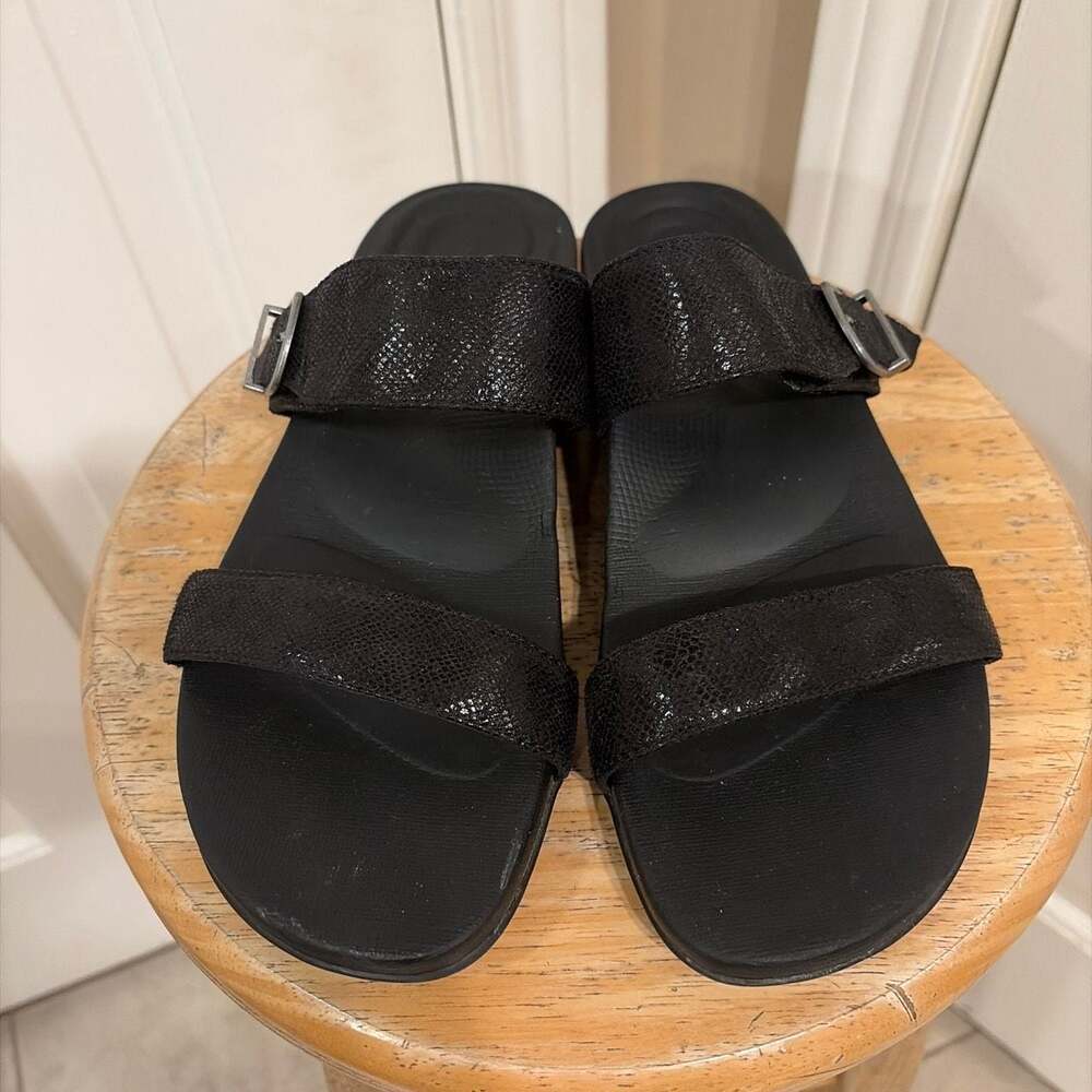 Aetrex Women's Black Snake Embossed Two-Strap Orthotic Slide Sandals